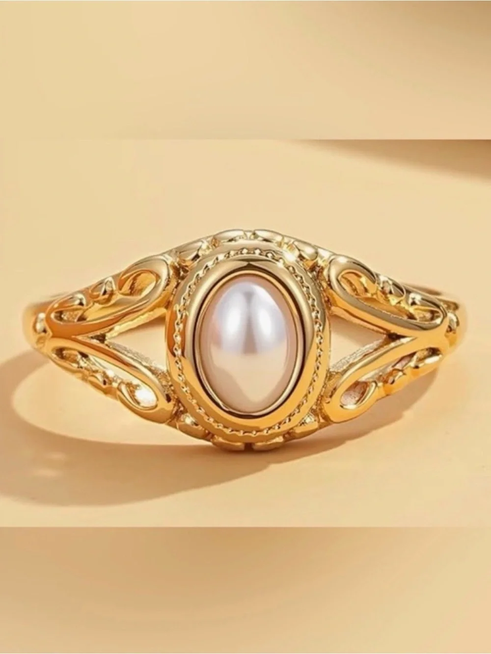 Gold Pearl Oval Filigree Ring - Women Jewelry